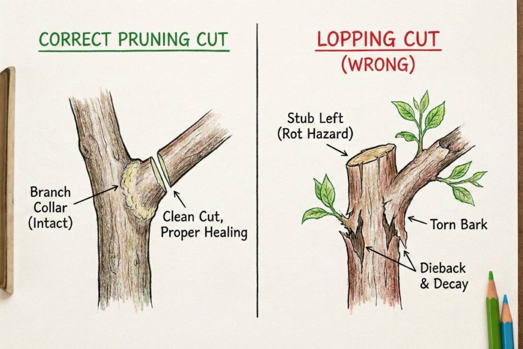 Diagram of the branch collar and correct pruning point